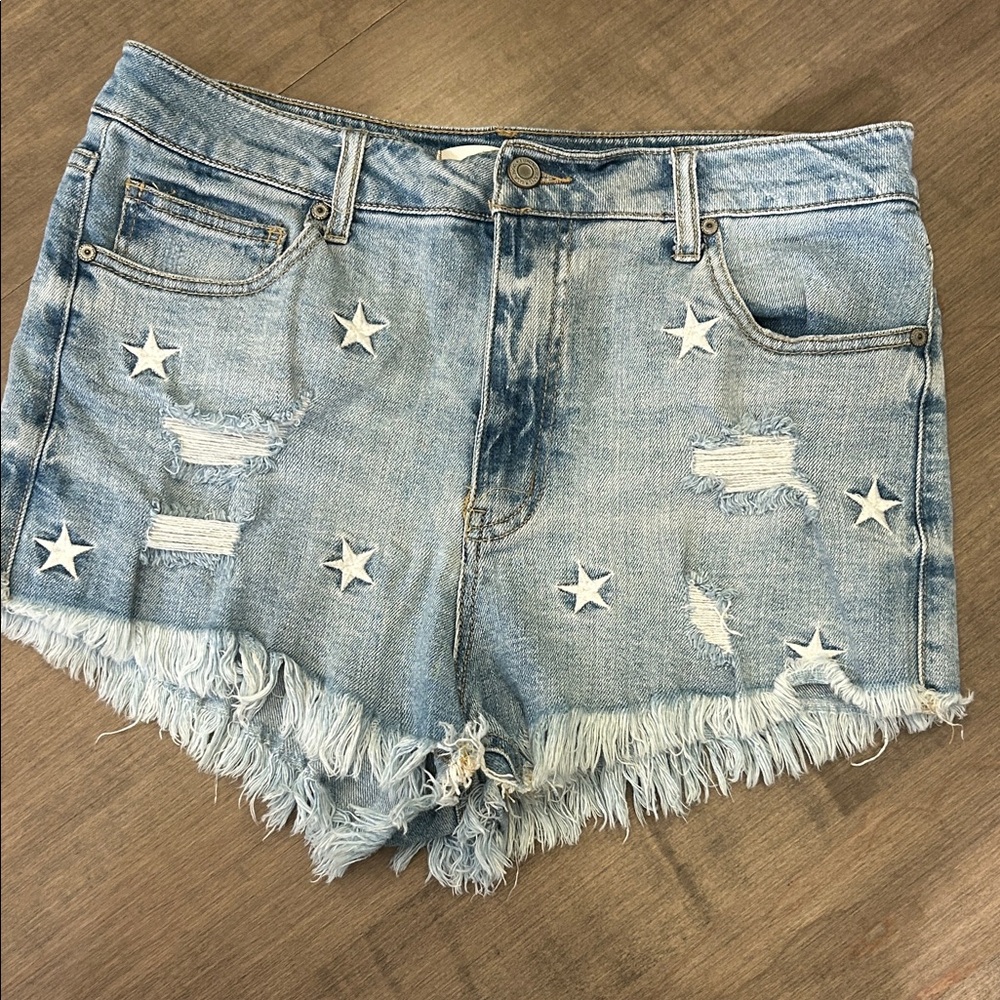 Eunina Light Blue Star-Studded Frayed Denim Shorts